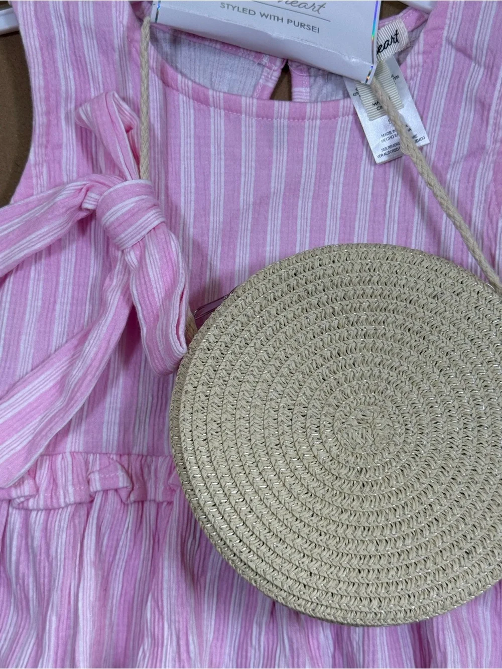 Derek Heart Pink Striped Ruffle Tank with Round Straw Crossbody Bag
